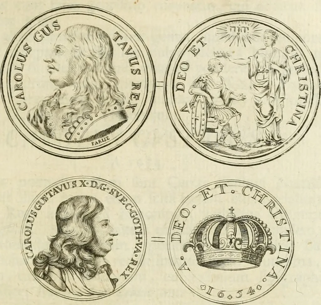 An illustration from Thesaurus nummorum sueo-gothicorum : studio indefesso Eliae Brenneri L. annorum spatio collectus, secundum seriem temporum dispositus, atqve e tenebris, cum commentatione in apricum prolatus ; accessit ejusdem auctoris Libellus de nummophylaciis Sveciae: de scriptoribus rei nummariae svethicae, atque de thesauris, seu variis vetustorum nummorum cumulis, passim per Sveoniam fortuito casu repertis, 1731, leaf 308