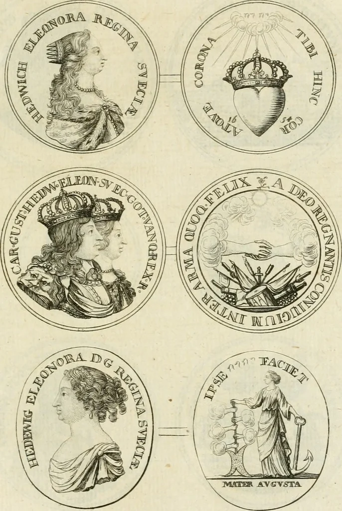 An illustration from Thesaurus nummorum sueo-gothicorum : studio indefesso Eliae Brenneri L. annorum spatio collectus, secundum seriem temporum dispositus, atqve e tenebris, cum commentatione in apricum prolatus ; accessit ejusdem auctoris Libellus de nummophylaciis Sveciae: de scriptoribus rei nummariae svethicae, atque de thesauris, seu variis vetustorum nummorum cumulis, passim per Sveoniam fortuito casu repertis, 1731, leaf 312