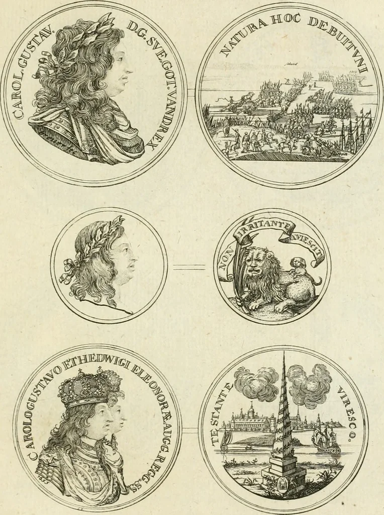 An illustration from Thesaurus nummorum sueo-gothicorum : studio indefesso Eliae Brenneri L. annorum spatio collectus, secundum seriem temporum dispositus, atqve e tenebris, cum commentatione in apricum prolatus ; accessit ejusdem auctoris Libellus de nummophylaciis Sveciae: de scriptoribus rei nummariae svethicae, atque de thesauris, seu variis vetustorum nummorum cumulis, passim per Sveoniam fortuito casu repertis, 1731, leaf 314