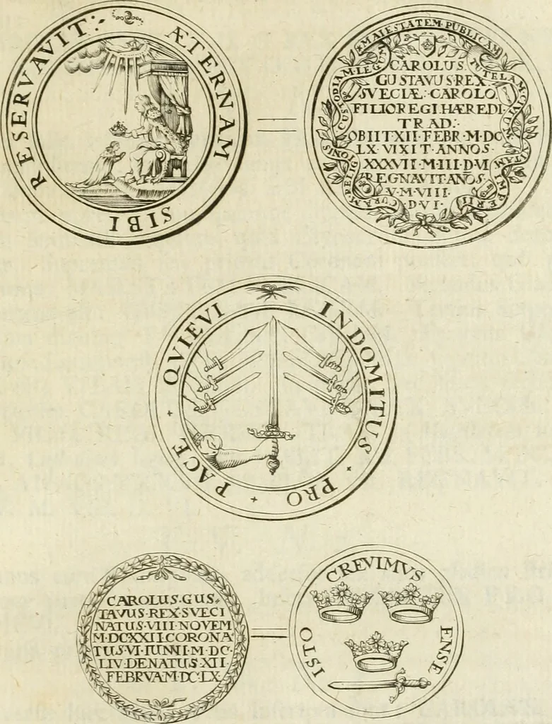 An illustration from Thesaurus nummorum sueo-gothicorum : studio indefesso Eliae Brenneri L. annorum spatio collectus, secundum seriem temporum dispositus, atqve e tenebris, cum commentatione in apricum prolatus ; accessit ejusdem auctoris Libellus de nummophylaciis Sveciae: de scriptoribus rei nummariae svethicae, atque de thesauris, seu variis vetustorum nummorum cumulis, passim per Sveoniam fortuito casu repertis, 1731, leaf 320