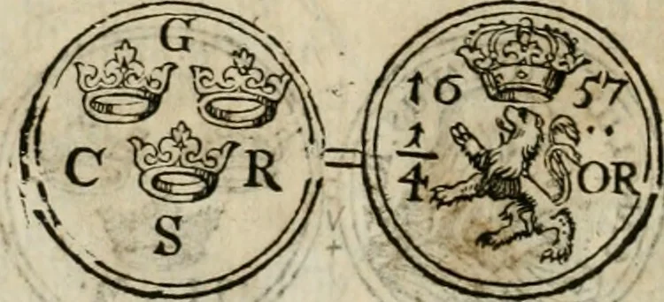 An illustration from Thesaurus nummorum sueo-gothicorum : studio indefesso Eliae Brenneri L. annorum spatio collectus, secundum seriem temporum dispositus, atqve e tenebris, cum commentatione in apricum prolatus ; accessit ejusdem auctoris Libellus de nummophylaciis Sveciae: de scriptoribus rei nummariae svethicae, atque de thesauris, seu variis vetustorum nummorum cumulis, passim per Sveoniam fortuito casu repertis, 1731, leaf 327