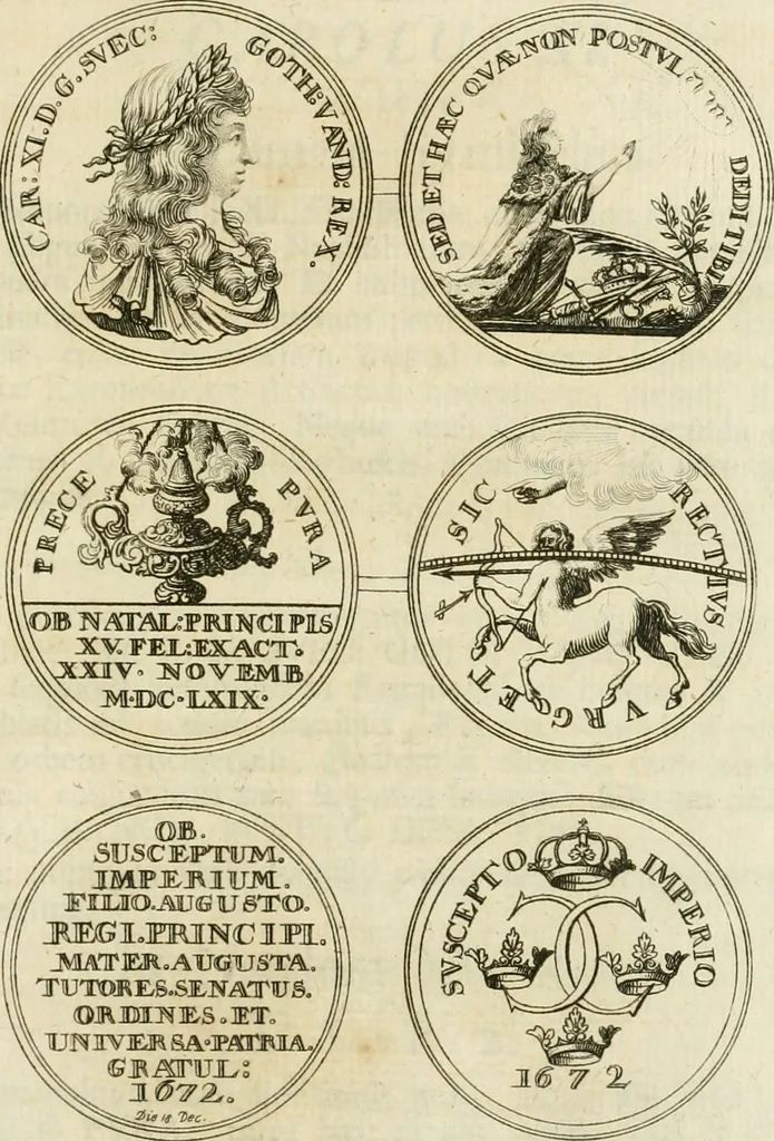 An illustration from Thesaurus nummorum sueo-gothicorum : studio indefesso Eliae Brenneri L. annorum spatio collectus, secundum seriem temporum dispositus, atqve e tenebris, cum commentatione in apricum prolatus ; accessit ejusdem auctoris Libellus de nummophylaciis Sveciae: de scriptoribus rei nummariae svethicae, atque de thesauris, seu variis vetustorum nummorum cumulis, passim per Sveoniam fortuito casu repertis, 1731, leaf 328