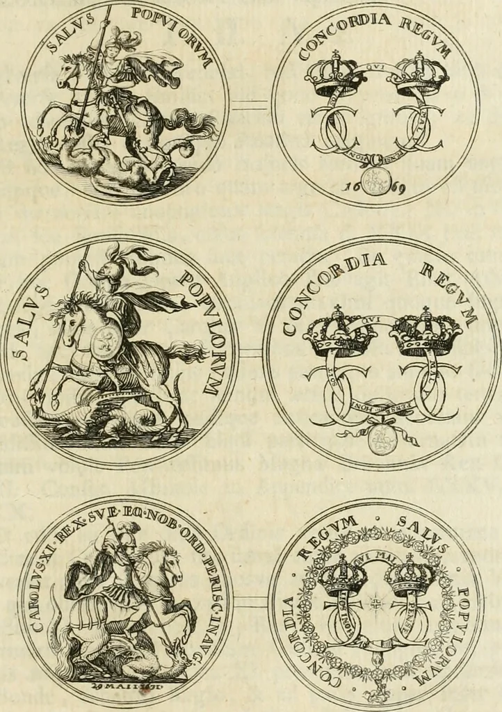 An illustration from Thesaurus nummorum sueo-gothicorum : studio indefesso Eliae Brenneri L. annorum spatio collectus, secundum seriem temporum dispositus, atqve e tenebris, cum commentatione in apricum prolatus ; accessit ejusdem auctoris Libellus de nummophylaciis Sveciae: de scriptoribus rei nummariae svethicae, atque de thesauris, seu variis vetustorum nummorum cumulis, passim per Sveoniam fortuito casu repertis, 1731, leaf 332