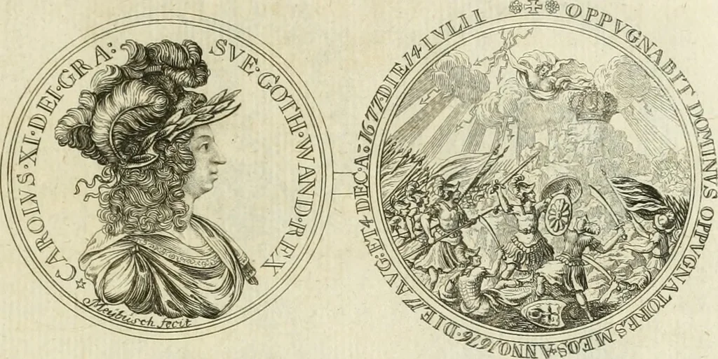 An illustration from Thesaurus nummorum sueo-gothicorum : studio indefesso Eliae Brenneri L. annorum spatio collectus, secundum seriem temporum dispositus, atqve e tenebris, cum commentatione in apricum prolatus ; accessit ejusdem auctoris Libellus de nummophylaciis Sveciae: de scriptoribus rei nummariae svethicae, atque de thesauris, seu variis vetustorum nummorum cumulis, passim per Sveoniam fortuito casu repertis, 1731, leaf 340