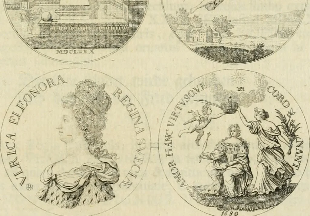 An illustration from Thesaurus nummorum sueo-gothicorum : studio indefesso Eliae Brenneri L. annorum spatio collectus, secundum seriem temporum dispositus, atqve e tenebris, cum commentatione in apricum prolatus ; accessit ejusdem auctoris Libellus de nummophylaciis Sveciae: de scriptoribus rei nummariae svethicae, atque de thesauris, seu variis vetustorum nummorum cumulis, passim per Sveoniam fortuito casu repertis, 1731, leaf 346
