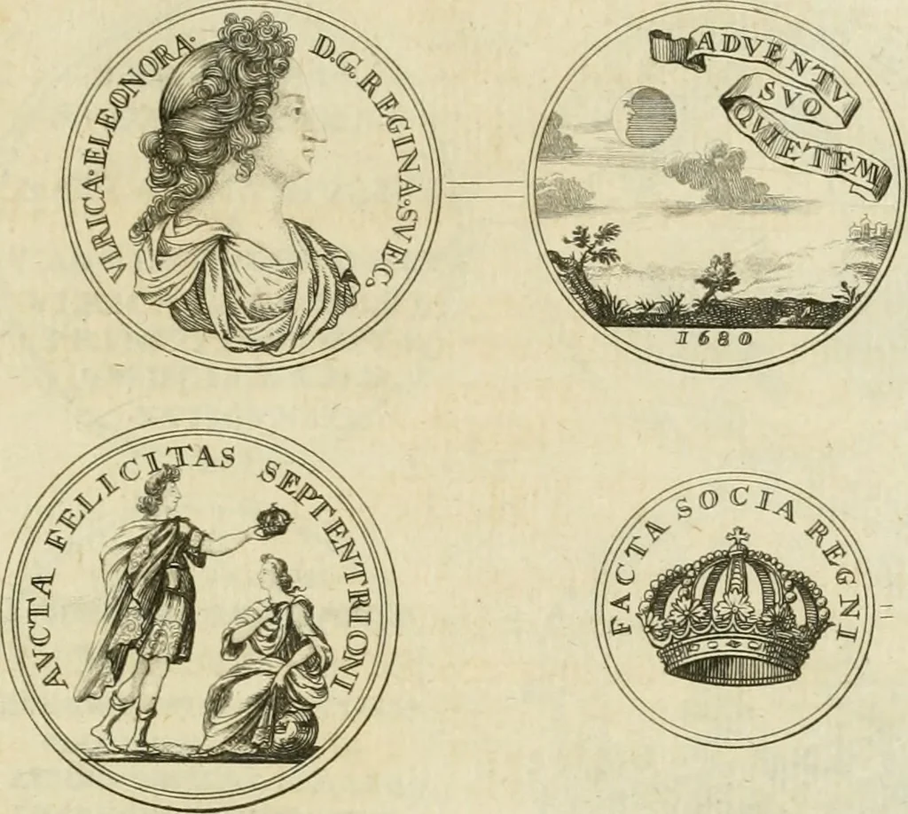 An illustration from Thesaurus nummorum sueo-gothicorum : studio indefesso Eliae Brenneri L. annorum spatio collectus, secundum seriem temporum dispositus, atqve e tenebris, cum commentatione in apricum prolatus ; accessit ejusdem auctoris Libellus de nummophylaciis Sveciae: de scriptoribus rei nummariae svethicae, atque de thesauris, seu variis vetustorum nummorum cumulis, passim per Sveoniam fortuito casu repertis, 1731, leaf 350