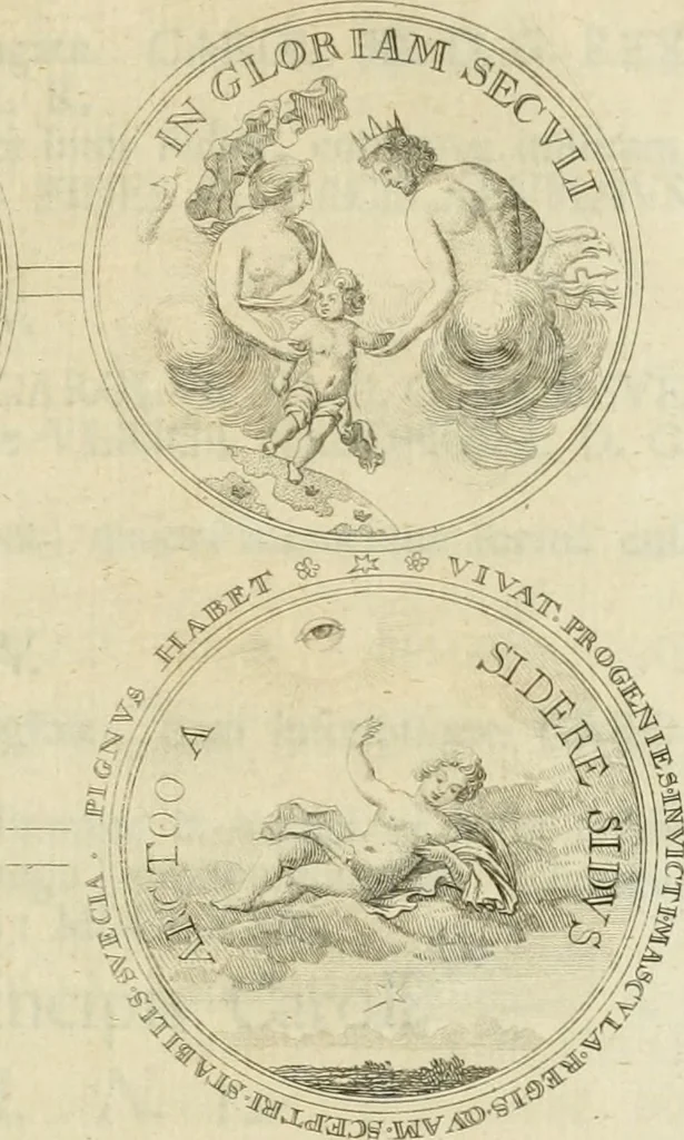 An illustration from Thesaurus nummorum sueo-gothicorum : studio indefesso Eliae Brenneri L. annorum spatio collectus, secundum seriem temporum dispositus, atqve e tenebris, cum commentatione in apricum prolatus ; accessit ejusdem auctoris Libellus de nummophylaciis Sveciae: de scriptoribus rei nummariae svethicae, atque de thesauris, seu variis vetustorum nummorum cumulis, passim per Sveoniam fortuito casu repertis, 1731, leaf 352