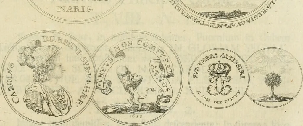 An illustration from Thesaurus nummorum sueo-gothicorum : studio indefesso Eliae Brenneri L. annorum spatio collectus, secundum seriem temporum dispositus, atqve e tenebris, cum commentatione in apricum prolatus ; accessit ejusdem auctoris Libellus de nummophylaciis Sveciae: de scriptoribus rei nummariae svethicae, atque de thesauris, seu variis vetustorum nummorum cumulis, passim per Sveoniam fortuito casu repertis, 1731, leaf 352