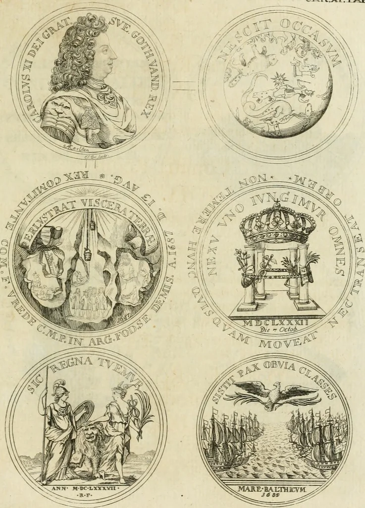 An illustration from Thesaurus nummorum sueo-gothicorum : studio indefesso Eliae Brenneri L. annorum spatio collectus, secundum seriem temporum dispositus, atqve e tenebris, cum commentatione in apricum prolatus ; accessit ejusdem auctoris Libellus de nummophylaciis Sveciae: de scriptoribus rei nummariae svethicae, atque de thesauris, seu variis vetustorum nummorum cumulis, passim per Sveoniam fortuito casu repertis, 1731, leaf 358