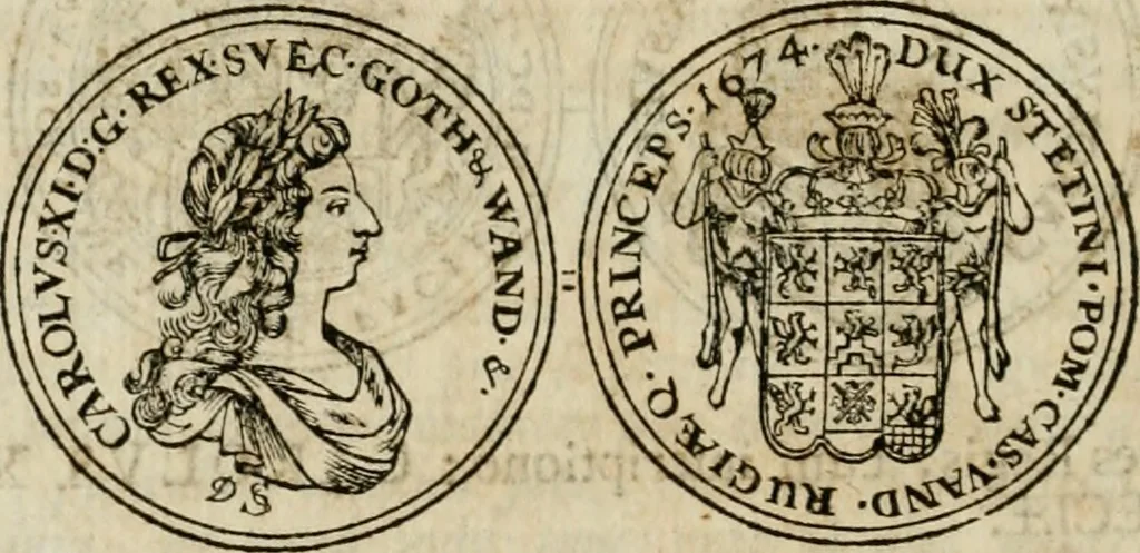 An illustration from Thesaurus nummorum sueo-gothicorum : studio indefesso Eliae Brenneri L. annorum spatio collectus, secundum seriem temporum dispositus, atqve e tenebris, cum commentatione in apricum prolatus ; accessit ejusdem auctoris Libellus de nummophylaciis Sveciae: de scriptoribus rei nummariae svethicae, atque de thesauris, seu variis vetustorum nummorum cumulis, passim per Sveoniam fortuito casu repertis, 1731, leaf 371