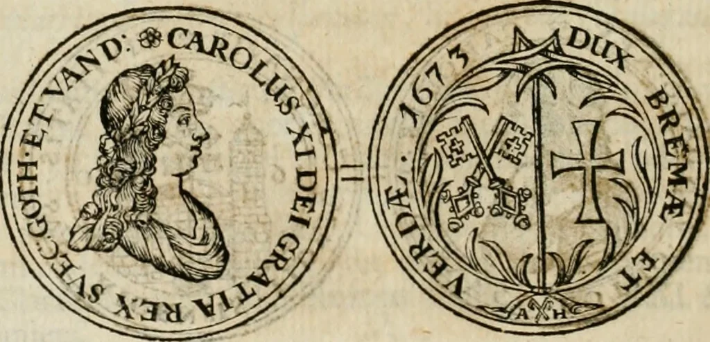 An illustration from Thesaurus nummorum sueo-gothicorum : studio indefesso Eliae Brenneri L. annorum spatio collectus, secundum seriem temporum dispositus, atqve e tenebris, cum commentatione in apricum prolatus ; accessit ejusdem auctoris Libellus de nummophylaciis Sveciae: de scriptoribus rei nummariae svethicae, atque de thesauris, seu variis vetustorum nummorum cumulis, passim per Sveoniam fortuito casu repertis, 1731, leaf 371