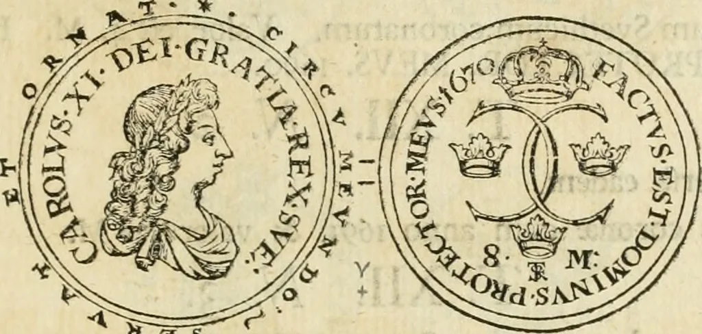 An illustration from Thesaurus nummorum sueo-gothicorum : studio indefesso Eliae Brenneri L. annorum spatio collectus, secundum seriem temporum dispositus, atqve e tenebris, cum commentatione in apricum prolatus ; accessit ejusdem auctoris Libellus de nummophylaciis Sveciae: de scriptoribus rei nummariae svethicae, atque de thesauris, seu variis vetustorum nummorum cumulis, passim per Sveoniam fortuito casu repertis, 1731, leaf 372