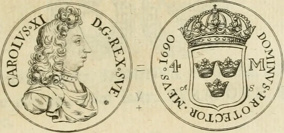 An illustration from Thesaurus nummorum sueo-gothicorum : studio indefesso Eliae Brenneri L. annorum spatio collectus, secundum seriem temporum dispositus, atqve e tenebris, cum commentatione in apricum prolatus ; accessit ejusdem auctoris Libellus de nummophylaciis Sveciae: de scriptoribus rei nummariae svethicae, atque de thesauris, seu variis vetustorum nummorum cumulis, passim per Sveoniam fortuito casu repertis, 1731, leaf 374