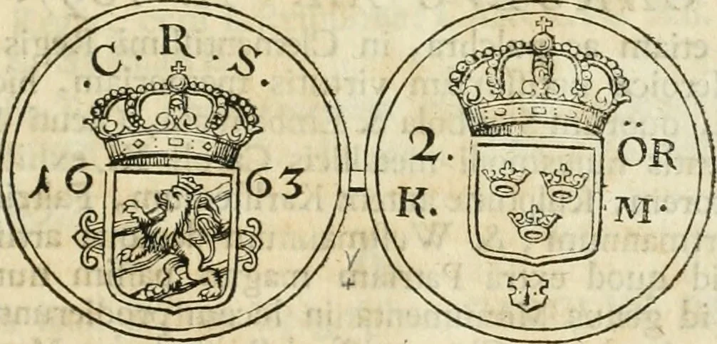 An illustration from Thesaurus nummorum sueo-gothicorum : studio indefesso Eliae Brenneri L. annorum spatio collectus, secundum seriem temporum dispositus, atqve e tenebris, cum commentatione in apricum prolatus ; accessit ejusdem auctoris Libellus de nummophylaciis Sveciae: de scriptoribus rei nummariae svethicae, atque de thesauris, seu variis vetustorum nummorum cumulis, passim per Sveoniam fortuito casu repertis, 1731, leaf 378