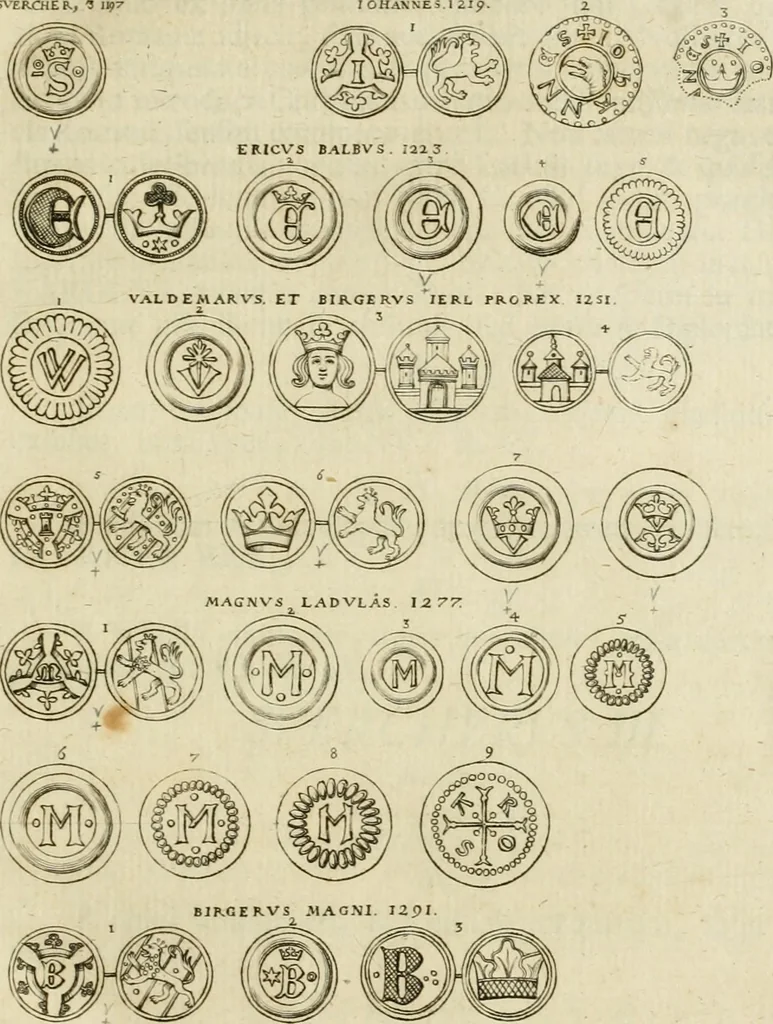 An illustration from Thesaurus nummorum sueo-gothicorum : studio indefesso Eliae Brenneri L. annorum spatio collectus, secundum seriem temporum dispositus, atqve e tenebris, cum commentatione in apricum prolatus ; accessit ejusdem auctoris Libellus de nummophylaciis Sveciae: de scriptoribus rei nummariae svethicae, atque de thesauris, seu variis vetustorum nummorum cumulis, passim per Sveoniam fortuito casu repertis, 1731, leaf 38