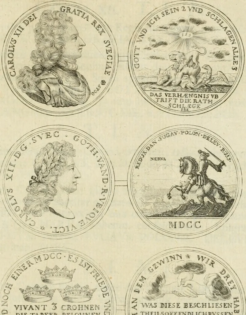 An illustration from Thesaurus nummorum sueo-gothicorum : studio indefesso Eliae Brenneri L. annorum spatio collectus, secundum seriem temporum dispositus, atqve e tenebris, cum commentatione in apricum prolatus ; accessit ejusdem auctoris Libellus de nummophylaciis Sveciae: de scriptoribus rei nummariae svethicae, atque de thesauris, seu variis vetustorum nummorum cumulis, passim per Sveoniam fortuito casu repertis, 1731, leaf 386