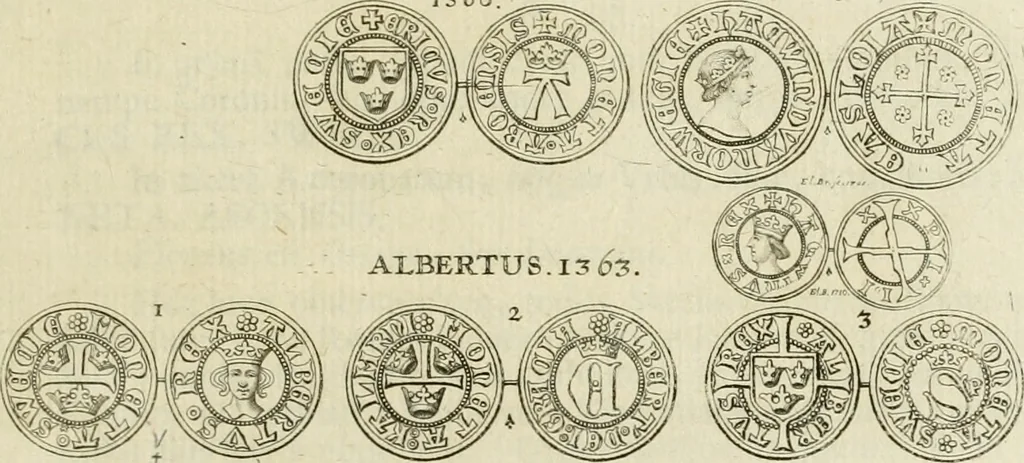 An illustration from Thesaurus nummorum sueo-gothicorum : studio indefesso Eliae Brenneri L. annorum spatio collectus, secundum seriem temporum dispositus, atqve e tenebris, cum commentatione in apricum prolatus ; accessit ejusdem auctoris Libellus de nummophylaciis Sveciae: de scriptoribus rei nummariae svethicae, atque de thesauris, seu variis vetustorum nummorum cumulis, passim per Sveoniam fortuito casu repertis, 1731, leaf 44