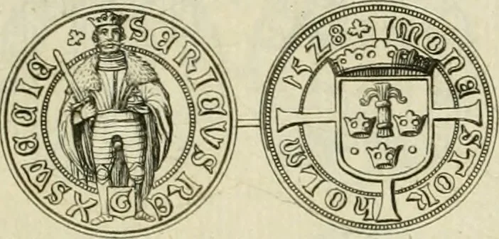 An illustration from Thesaurus nummorum sueo-gothicorum : studio indefesso Eliae Brenneri L. annorum spatio collectus, secundum seriem temporum dispositus, atqve e tenebris, cum commentatione in apricum prolatus ; accessit ejusdem auctoris Libellus de nummophylaciis Sveciae: de scriptoribus rei nummariae svethicae, atque de thesauris, seu variis vetustorum nummorum cumulis, passim per Sveoniam fortuito casu repertis, 1731, leaf 94