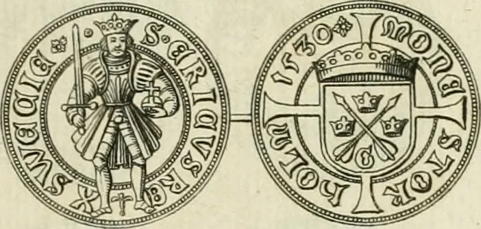 An illustration from Thesaurus nummorum sueo-gothicorum : studio indefesso Eliae Brenneri L. annorum spatio collectus, secundum seriem temporum dispositus, atqve e tenebris, cum commentatione in apricum prolatus ; accessit ejusdem auctoris Libellus de nummophylaciis Sveciae: de scriptoribus rei nummariae svethicae, atque de thesauris, seu variis vetustorum nummorum cumulis, passim per Sveoniam fortuito casu repertis, 1731, leaf 94