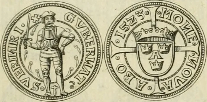 An illustration from Thesaurus nummorum sueo-gothicorum : studio indefesso Eliae Brenneri L. annorum spatio collectus, secundum seriem temporum dispositus, atqve e tenebris, cum commentatione in apricum prolatus ; accessit ejusdem auctoris Libellus de nummophylaciis Sveciae: de scriptoribus rei nummariae svethicae, atque de thesauris, seu variis vetustorum nummorum cumulis, passim per Sveoniam fortuito casu repertis, 1731, leaf 94