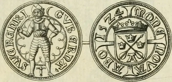 An illustration from Thesaurus nummorum sueo-gothicorum : studio indefesso Eliae Brenneri L. annorum spatio collectus, secundum seriem temporum dispositus, atqve e tenebris, cum commentatione in apricum prolatus ; accessit ejusdem auctoris Libellus de nummophylaciis Sveciae: de scriptoribus rei nummariae svethicae, atque de thesauris, seu variis vetustorum nummorum cumulis, passim per Sveoniam fortuito casu repertis, 1731, leaf 94