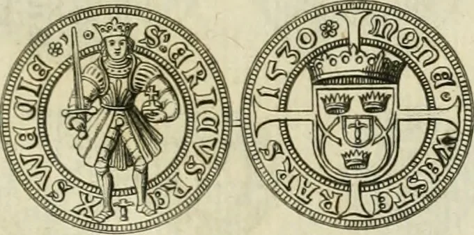 An illustration from Thesaurus nummorum sueo-gothicorum : studio indefesso Eliae Brenneri L. annorum spatio collectus, secundum seriem temporum dispositus, atqve e tenebris, cum commentatione in apricum prolatus ; accessit ejusdem auctoris Libellus de nummophylaciis Sveciae: de scriptoribus rei nummariae svethicae, atque de thesauris, seu variis vetustorum nummorum cumulis, passim per Sveoniam fortuito casu repertis, 1731, leaf 94