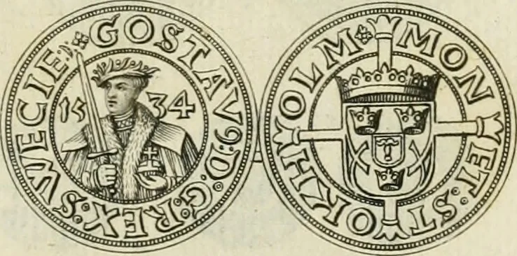 An illustration from Thesaurus nummorum sueo-gothicorum : studio indefesso Eliae Brenneri L. annorum spatio collectus, secundum seriem temporum dispositus, atqve e tenebris, cum commentatione in apricum prolatus ; accessit ejusdem auctoris Libellus de nummophylaciis Sveciae: de scriptoribus rei nummariae svethicae, atque de thesauris, seu variis vetustorum nummorum cumulis, passim per Sveoniam fortuito casu repertis, 1731, leaf 94