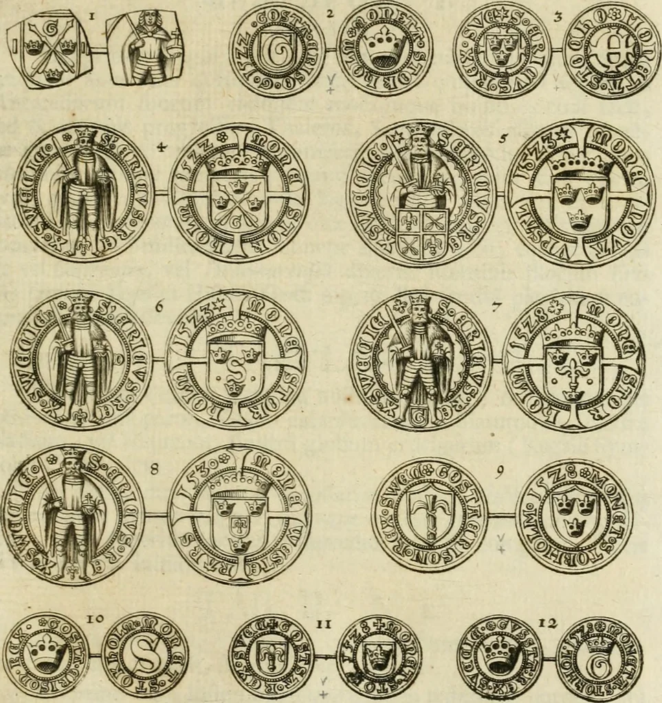 An illustration from Thesaurus nummorum sueo-gothicorum : studio indefesso Eliae Brenneri L. annorum spatio collectus, secundum seriem temporum dispositus, atqve e tenebris, cum commentatione in apricum prolatus ; accessit ejusdem auctoris Libellus de nummophylaciis Sveciae: de scriptoribus rei nummariae svethicae, atque de thesauris, seu variis vetustorum nummorum cumulis, passim per Sveoniam fortuito casu repertis, 1731, leaf 96