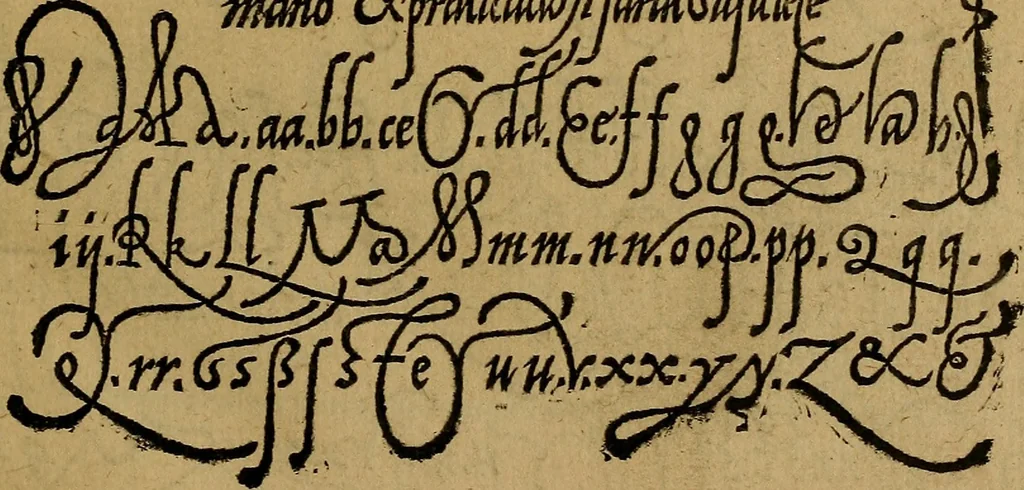 An illustration from Thesavro de scrittori : opera artificiosa, laquale con grandissima arte, si per pratica come per geometria, insegna a scriuere diuerse sorte littere, cioe cancellerescha, merchantescha, formata, cursiua, antiqua, moderna et bastarda, de piu sorte : cum uiarij e bellissimi exempli & altre sorte littere de uarie lingue, cioe grecha, hebraicha, caldea & arabicha : tutte extratte da diuersi et probatissimi auttori, & massimamente da lo praeclarissimo Sigismvndo Fanto, nobile ferrarese, mathematico et architettore eruditissimo, dele mesure e ragione de littere primo inuentore, 1532, leaf 12