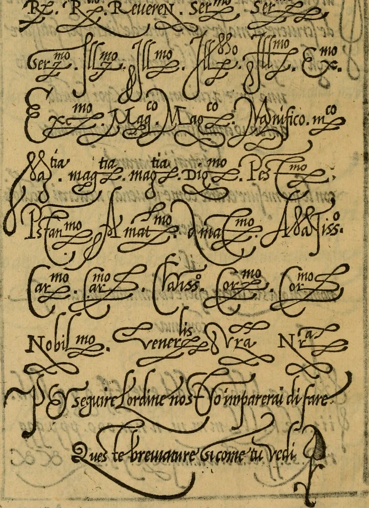 An illustration from Thesavro de scrittori : opera artificiosa, laquale con grandissima arte, si per pratica come per geometria, insegna a scriuere diuerse sorte littere, cioe cancellerescha, merchantescha, formata, cursiua, antiqua, moderna et bastarda, de piu sorte : cum uiarij e bellissimi exempli & altre sorte littere de uarie lingue, cioe grecha, hebraicha, caldea & arabicha : tutte extratte da diuersi et probatissimi auttori, & massimamente da lo praeclarissimo Sigismvndo Fanto, nobile ferrarese, mathematico et architettore eruditissimo, dele mesure e ragione de littere primo inuentore, 1532, leaf 15