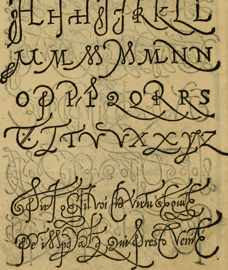 An illustration from Thesavro de scrittori : opera artificiosa, laquale con grandissima arte, si per pratica come per geometria, insegna a scriuere diuerse sorte littere, cioe cancellerescha, merchantescha, formata, cursiua, antiqua, moderna et bastarda, de piu sorte : cum uiarij e bellissimi exempli & altre sorte littere de uarie lingue, cioe grecha, hebraicha, caldea & arabicha : tutte extratte da diuersi et probatissimi auttori, & massimamente da lo praeclarissimo Sigismvndo Fanto, nobile ferrarese, mathematico et architettore eruditissimo, dele mesure e ragione de littere primo inuentore, 1532, leaf 19