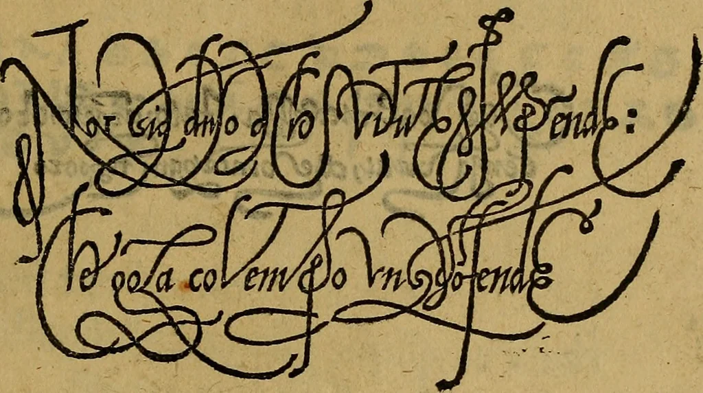 An illustration from Thesavro de scrittori : opera artificiosa, laquale con grandissima arte, si per pratica come per geometria, insegna a scriuere diuerse sorte littere, cioe cancellerescha, merchantescha, formata, cursiua, antiqua, moderna et bastarda, de piu sorte : cum uiarij e bellissimi exempli & altre sorte littere de uarie lingue, cioe grecha, hebraicha, caldea & arabicha : tutte extratte da diuersi et probatissimi auttori, & massimamente da lo praeclarissimo Sigismvndo Fanto, nobile ferrarese, mathematico et architettore eruditissimo, dele mesure e ragione de littere primo inuentore, 1532, leaf 20