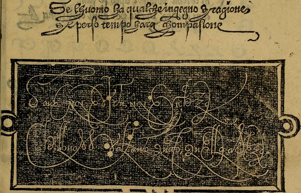 An illustration from Thesavro de scrittori : opera artificiosa, laquale con grandissima arte, si per pratica come per geometria, insegna a scriuere diuerse sorte littere, cioe cancellerescha, merchantescha, formata, cursiua, antiqua, moderna et bastarda, de piu sorte : cum uiarij e bellissimi exempli & altre sorte littere de uarie lingue, cioe grecha, hebraicha, caldea & arabicha : tutte extratte da diuersi et probatissimi auttori, & massimamente da lo praeclarissimo Sigismvndo Fanto, nobile ferrarese, mathematico et architettore eruditissimo, dele mesure e ragione de littere primo inuentore, 1532, leaf 20