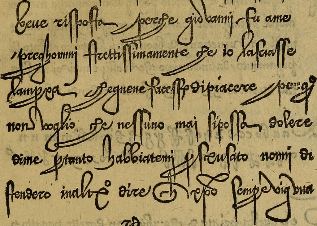 An illustration from Thesavro de scrittori : opera artificiosa, laquale con grandissima arte, si per pratica come per geometria, insegna a scriuere diuerse sorte littere, cioe cancellerescha, merchantescha, formata, cursiua, antiqua, moderna et bastarda, de piu sorte : cum uiarij e bellissimi exempli & altre sorte littere de uarie lingue, cioe grecha, hebraicha, caldea & arabicha : tutte extratte da diuersi et probatissimi auttori, & massimamente da lo praeclarissimo Sigismvndo Fanto, nobile ferrarese, mathematico et architettore eruditissimo, dele mesure e ragione de littere primo inuentore, 1532, leaf 32