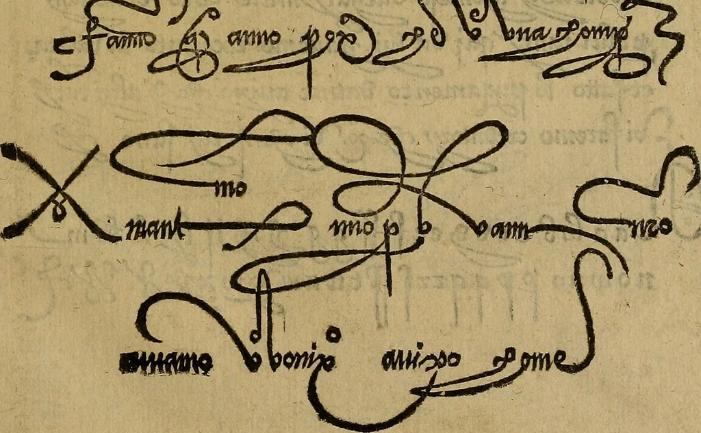 An illustration from Thesavro de scrittori : opera artificiosa, laquale con grandissima arte, si per pratica come per geometria, insegna a scriuere diuerse sorte littere, cioe cancellerescha, merchantescha, formata, cursiua, antiqua, moderna et bastarda, de piu sorte : cum uiarij e bellissimi exempli & altre sorte littere de uarie lingue, cioe grecha, hebraicha, caldea & arabicha : tutte extratte da diuersi et probatissimi auttori, & massimamente da lo praeclarissimo Sigismvndo Fanto, nobile ferrarese, mathematico et architettore eruditissimo, dele mesure e ragione de littere primo inuentore, 1532, leaf 32