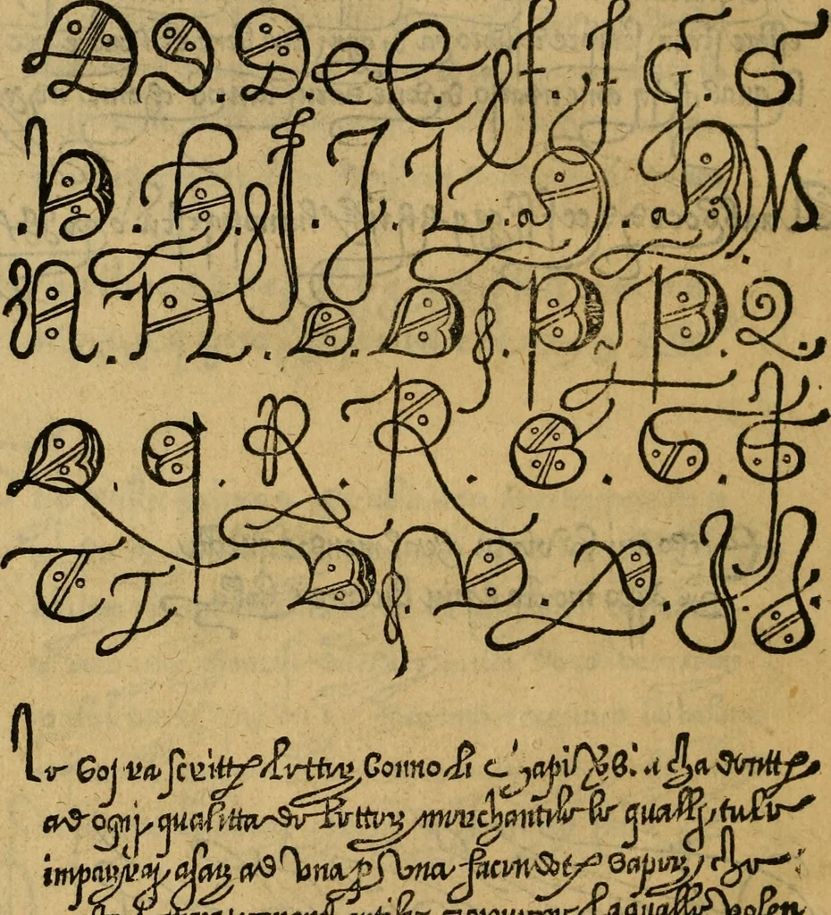 An illustration from Thesavro de scrittori : opera artificiosa, laquale con grandissima arte, si per pratica come per geometria, insegna a scriuere diuerse sorte littere, cioe cancellerescha, merchantescha, formata, cursiua, antiqua, moderna et bastarda, de piu sorte : cum uiarij e bellissimi exempli & altre sorte littere de uarie lingue, cioe grecha, hebraicha, caldea & arabicha : tutte extratte da diuersi et probatissimi auttori, & massimamente da lo praeclarissimo Sigismvndo Fanto, nobile ferrarese, mathematico et architettore eruditissimo, dele mesure e ragione de littere primo inuentore, 1532, leaf 35