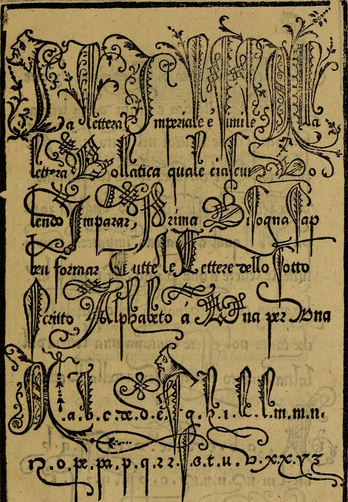 An illustration from Thesavro de scrittori : opera artificiosa, laquale con grandissima arte, si per pratica come per geometria, insegna a scriuere diuerse sorte littere, cioe cancellerescha, merchantescha, formata, cursiua, antiqua, moderna et bastarda, de piu sorte : cum uiarij e bellissimi exempli & altre sorte littere de uarie lingue, cioe grecha, hebraicha, caldea & arabicha : tutte extratte da diuersi et probatissimi auttori, & massimamente da lo praeclarissimo Sigismvndo Fanto, nobile ferrarese, mathematico et architettore eruditissimo, dele mesure e ragione de littere primo inuentore, 1532, leaf 36