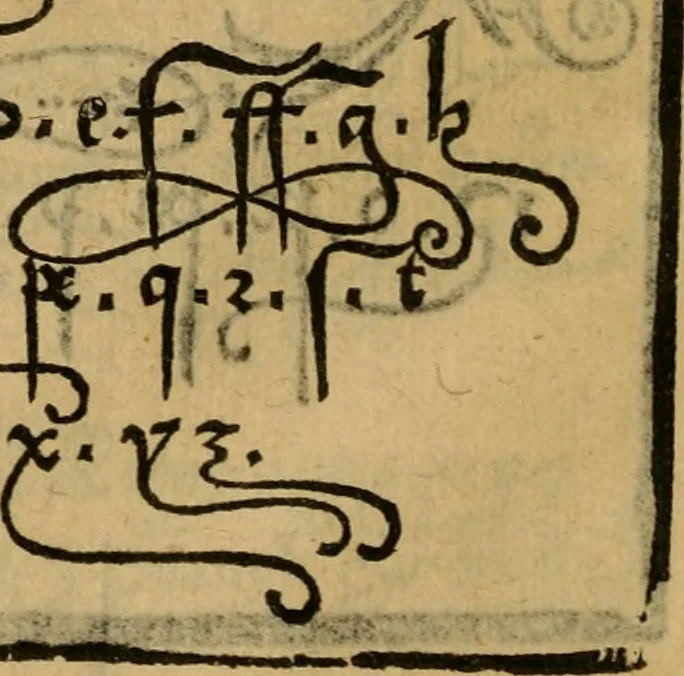 An illustration from Thesavro de scrittori : opera artificiosa, laquale con grandissima arte, si per pratica come per geometria, insegna a scriuere diuerse sorte littere, cioe cancellerescha, merchantescha, formata, cursiua, antiqua, moderna et bastarda, de piu sorte : cum uiarij e bellissimi exempli & altre sorte littere de uarie lingue, cioe grecha, hebraicha, caldea & arabicha : tutte extratte da diuersi et probatissimi auttori, & massimamente da lo praeclarissimo Sigismvndo Fanto, nobile ferrarese, mathematico et architettore eruditissimo, dele mesure e ragione de littere primo inuentore, 1532, leaf 37