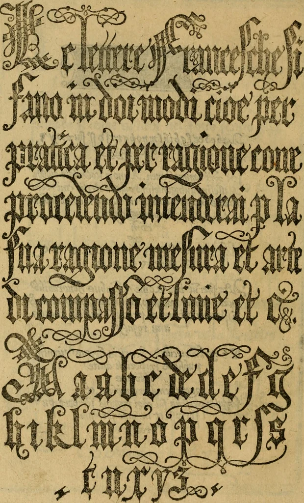 An illustration from Thesavro de scrittori : opera artificiosa, laquale con grandissima arte, si per pratica come per geometria, insegna a scriuere diuerse sorte littere, cioe cancellerescha, merchantescha, formata, cursiua, antiqua, moderna et bastarda, de piu sorte : cum uiarij e bellissimi exempli & altre sorte littere de uarie lingue, cioe grecha, hebraicha, caldea & arabicha : tutte extratte da diuersi et probatissimi auttori, & massimamente da lo praeclarissimo Sigismvndo Fanto, nobile ferrarese, mathematico et architettore eruditissimo, dele mesure e ragione de littere primo inuentore, 1532, leaf 39