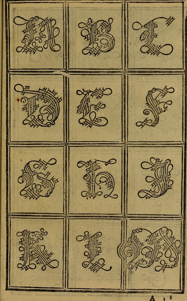 An illustration from Thesavro de scrittori : opera artificiosa, laquale con grandissima arte, si per pratica come per geometria, insegna a scriuere diuerse sorte littere, cioe cancellerescha, merchantescha, formata, cursiua, antiqua, moderna et bastarda, de piu sorte : cum uiarij e bellissimi exempli & altre sorte littere de uarie lingue, cioe grecha, hebraicha, caldea & arabicha : tutte extratte da diuersi et probatissimi auttori, & massimamente da lo praeclarissimo Sigismvndo Fanto, nobile ferrarese, mathematico et architettore eruditissimo, dele mesure e ragione de littere primo inuentore, 1532, leaf 40