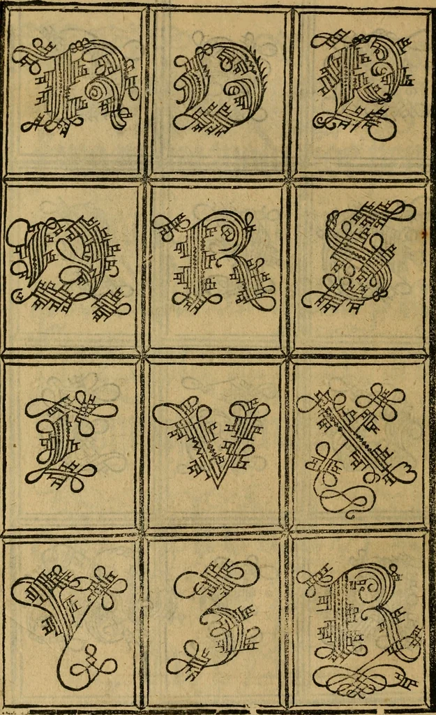An illustration from Thesavro de scrittori : opera artificiosa, laquale con grandissima arte, si per pratica come per geometria, insegna a scriuere diuerse sorte littere, cioe cancellerescha, merchantescha, formata, cursiua, antiqua, moderna et bastarda, de piu sorte : cum uiarij e bellissimi exempli & altre sorte littere de uarie lingue, cioe grecha, hebraicha, caldea & arabicha : tutte extratte da diuersi et probatissimi auttori, & massimamente da lo praeclarissimo Sigismvndo Fanto, nobile ferrarese, mathematico et architettore eruditissimo, dele mesure e ragione de littere primo inuentore, 1532, leaf 41