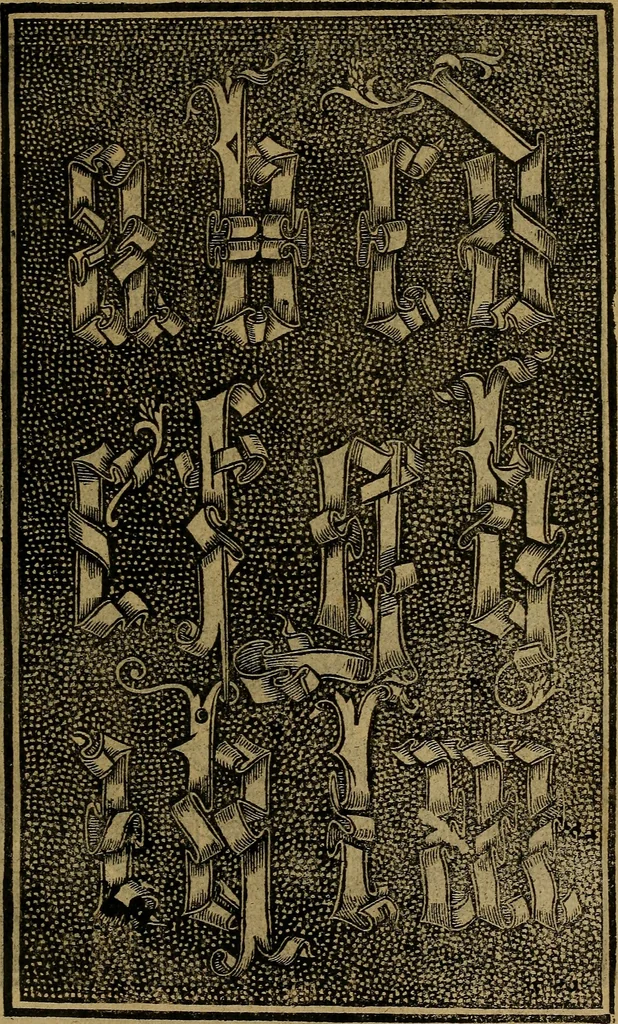 An illustration from Thesavro de scrittori : opera artificiosa, laquale con grandissima arte, si per pratica come per geometria, insegna a scriuere diuerse sorte littere, cioe cancellerescha, merchantescha, formata, cursiua, antiqua, moderna et bastarda, de piu sorte : cum uiarij e bellissimi exempli & altre sorte littere de uarie lingue, cioe grecha, hebraicha, caldea & arabicha : tutte extratte da diuersi et probatissimi auttori, & massimamente da lo praeclarissimo Sigismvndo Fanto, nobile ferrarese, mathematico et architettore eruditissimo, dele mesure e ragione de littere primo inuentore, 1532, leaf 44