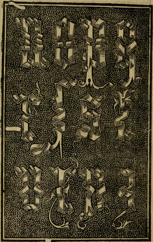 An illustration from Thesavro de scrittori : opera artificiosa, laquale con grandissima arte, si per pratica come per geometria, insegna a scriuere diuerse sorte littere, cioe cancellerescha, merchantescha, formata, cursiua, antiqua, moderna et bastarda, de piu sorte : cum uiarij e bellissimi exempli & altre sorte littere de uarie lingue, cioe grecha, hebraicha, caldea & arabicha : tutte extratte da diuersi et probatissimi auttori, & massimamente da lo praeclarissimo Sigismvndo Fanto, nobile ferrarese, mathematico et architettore eruditissimo, dele mesure e ragione de littere primo inuentore, 1532, leaf 45
