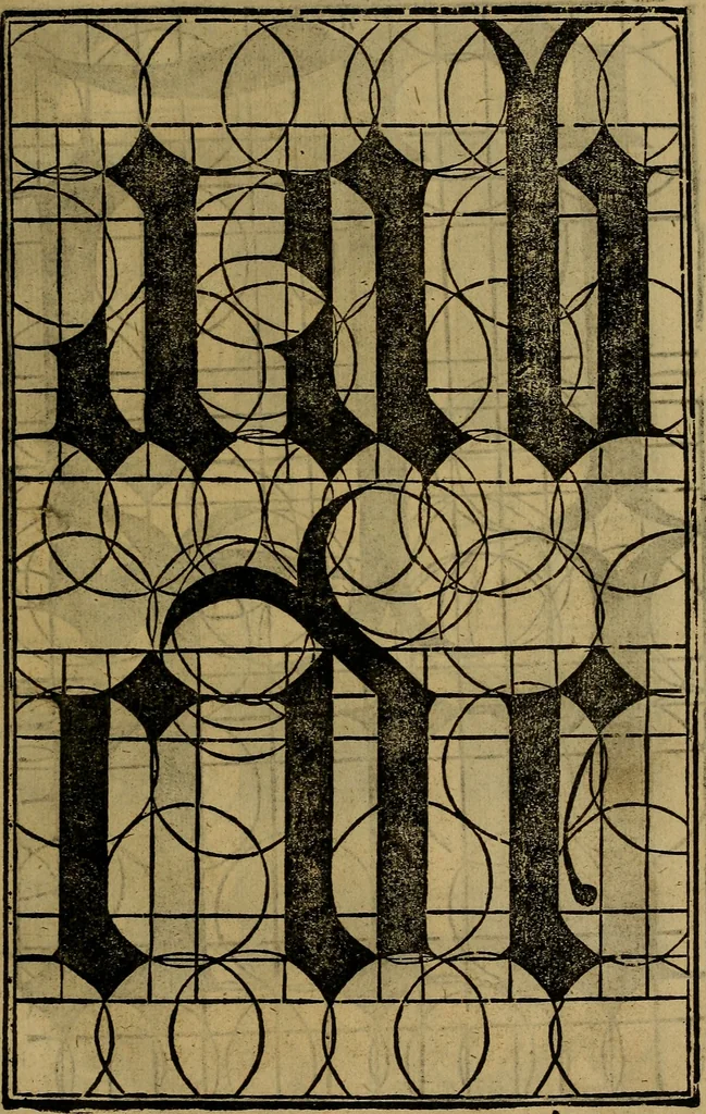 An illustration from Thesavro de scrittori : opera artificiosa, laquale con grandissima arte, si per pratica come per geometria, insegna a scriuere diuerse sorte littere, cioe cancellerescha, merchantescha, formata, cursiua, antiqua, moderna et bastarda, de piu sorte : cum uiarij e bellissimi exempli & altre sorte littere de uarie lingue, cioe grecha, hebraicha, caldea & arabicha : tutte extratte da diuersi et probatissimi auttori, & massimamente da lo praeclarissimo Sigismvndo Fanto, nobile ferrarese, mathematico et architettore eruditissimo, dele mesure e ragione de littere primo inuentore, 1532, leaf 52