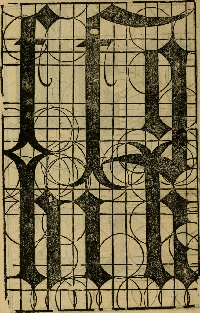 An illustration from Thesavro de scrittori : opera artificiosa, laquale con grandissima arte, si per pratica come per geometria, insegna a scriuere diuerse sorte littere, cioe cancellerescha, merchantescha, formata, cursiua, antiqua, moderna et bastarda, de piu sorte : cum uiarij e bellissimi exempli & altre sorte littere de uarie lingue, cioe grecha, hebraicha, caldea & arabicha : tutte extratte da diuersi et probatissimi auttori, & massimamente da lo praeclarissimo Sigismvndo Fanto, nobile ferrarese, mathematico et architettore eruditissimo, dele mesure e ragione de littere primo inuentore, 1532, leaf 53