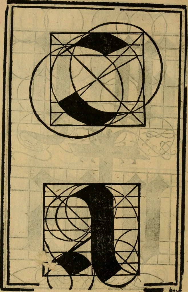 An illustration from Thesavro de scrittori : opera artificiosa, laquale con grandissima arte, si per pratica come per geometria, insegna a scriuere diuerse sorte littere, cioe cancellerescha, merchantescha, formata, cursiua, antiqua, moderna et bastarda, de piu sorte : cum uiarij e bellissimi exempli & altre sorte littere de uarie lingue, cioe grecha, hebraicha, caldea & arabicha : tutte extratte da diuersi et probatissimi auttori, & massimamente da lo praeclarissimo Sigismvndo Fanto, nobile ferrarese, mathematico et architettore eruditissimo, dele mesure e ragione de littere primo inuentore, 1532, leaf 57