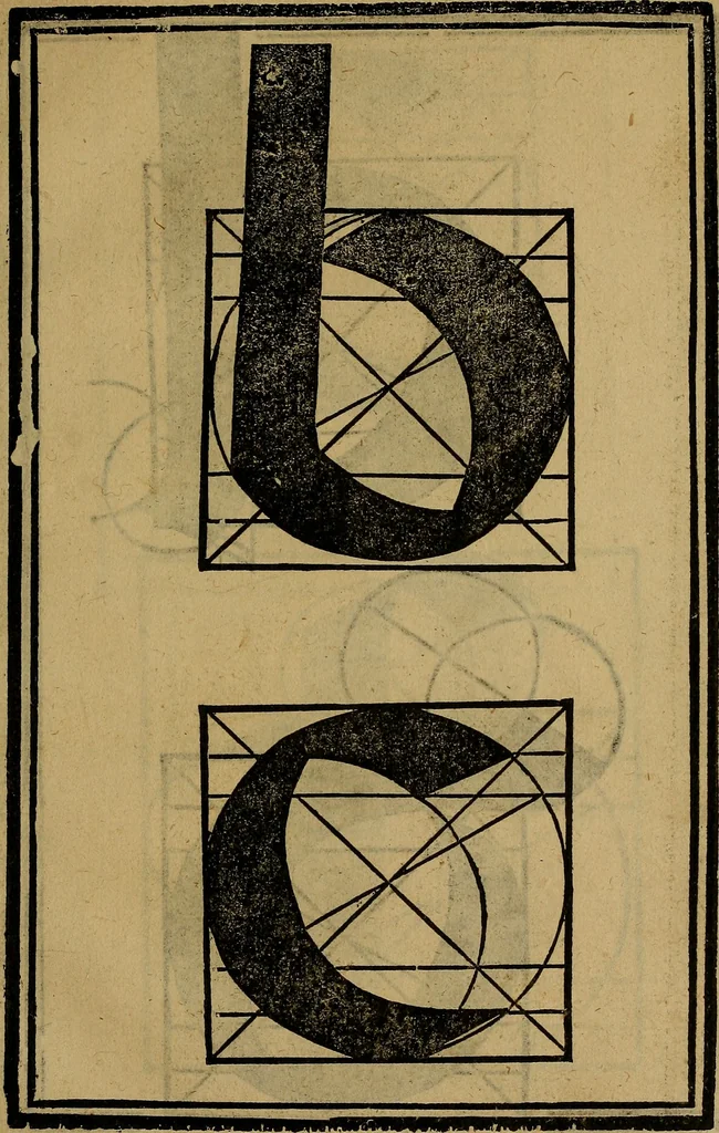 An illustration from Thesavro de scrittori : opera artificiosa, laquale con grandissima arte, si per pratica come per geometria, insegna a scriuere diuerse sorte littere, cioe cancellerescha, merchantescha, formata, cursiua, antiqua, moderna et bastarda, de piu sorte : cum uiarij e bellissimi exempli & altre sorte littere de uarie lingue, cioe grecha, hebraicha, caldea & arabicha : tutte extratte da diuersi et probatissimi auttori, & massimamente da lo praeclarissimo Sigismvndo Fanto, nobile ferrarese, mathematico et architettore eruditissimo, dele mesure e ragione de littere primo inuentore, 1532, leaf 58