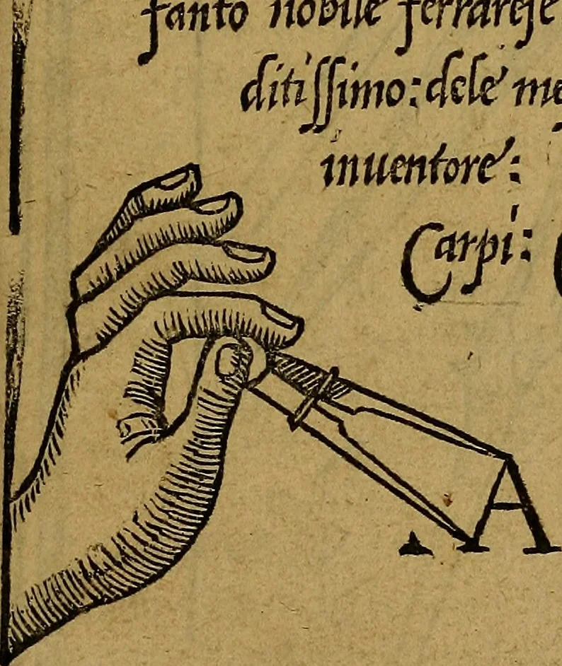 An illustration from Thesavro de scrittori : opera artificiosa, laquale con grandissima arte, si per pratica come per geometria, insegna a scriuere diuerse sorte littere, cioe cancellerescha, merchantescha, formata, cursiua, antiqua, moderna et bastarda, de piu sorte : cum uiarij e bellissimi exempli & altre sorte littere de uarie lingue, cioe grecha, hebraicha, caldea & arabicha : tutte extratte da diuersi et probatissimi auttori, & massimamente da lo praeclarissimo Sigismvndo Fanto, nobile ferrarese, mathematico et architettore eruditissimo, dele mesure e ragione de littere primo inuentore, 1532, leaf 6