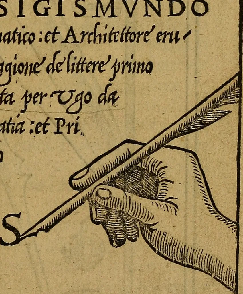 An illustration from Thesavro de scrittori : opera artificiosa, laquale con grandissima arte, si per pratica come per geometria, insegna a scriuere diuerse sorte littere, cioe cancellerescha, merchantescha, formata, cursiua, antiqua, moderna et bastarda, de piu sorte : cum uiarij e bellissimi exempli & altre sorte littere de uarie lingue, cioe grecha, hebraicha, caldea & arabicha : tutte extratte da diuersi et probatissimi auttori, & massimamente da lo praeclarissimo Sigismvndo Fanto, nobile ferrarese, mathematico et architettore eruditissimo, dele mesure e ragione de littere primo inuentore, 1532, leaf 6