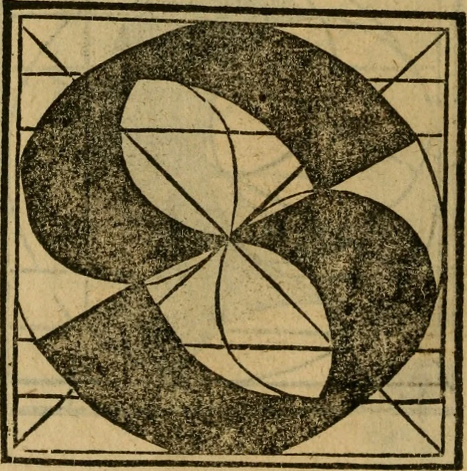 An illustration from Thesavro de scrittori : opera artificiosa, laquale con grandissima arte, si per pratica come per geometria, insegna a scriuere diuerse sorte littere, cioe cancellerescha, merchantescha, formata, cursiua, antiqua, moderna et bastarda, de piu sorte : cum uiarij e bellissimi exempli & altre sorte littere de uarie lingue, cioe grecha, hebraicha, caldea & arabicha : tutte extratte da diuersi et probatissimi auttori, & massimamente da lo praeclarissimo Sigismvndo Fanto, nobile ferrarese, mathematico et architettore eruditissimo, dele mesure e ragione de littere primo inuentore, 1532, leaf 67